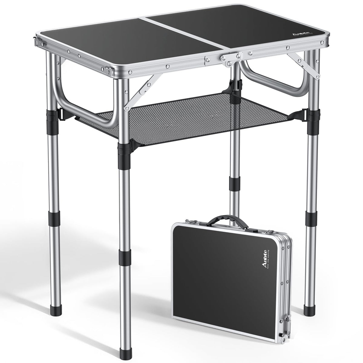 Anbte mesa plegable frontal mostrando estructura robusta y portabilidad