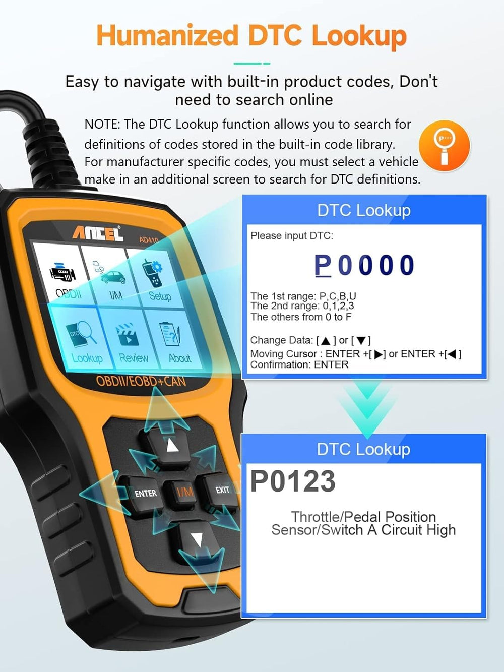 ANCEL AD410 code definition screen showing built-in DTC description for clear guidance