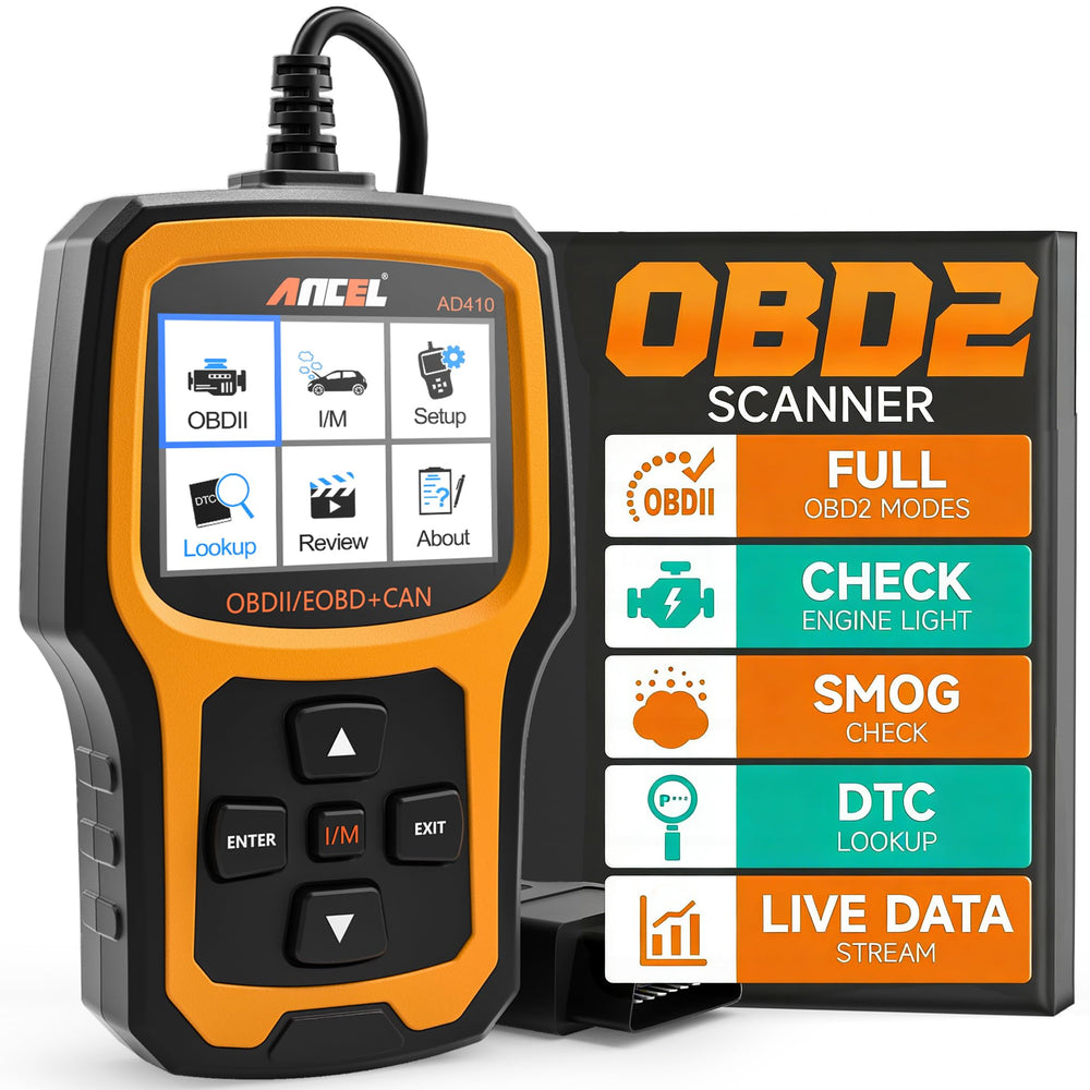 ANCEL AD410 front view showing handheld scanner and color screen for quick diagnostics