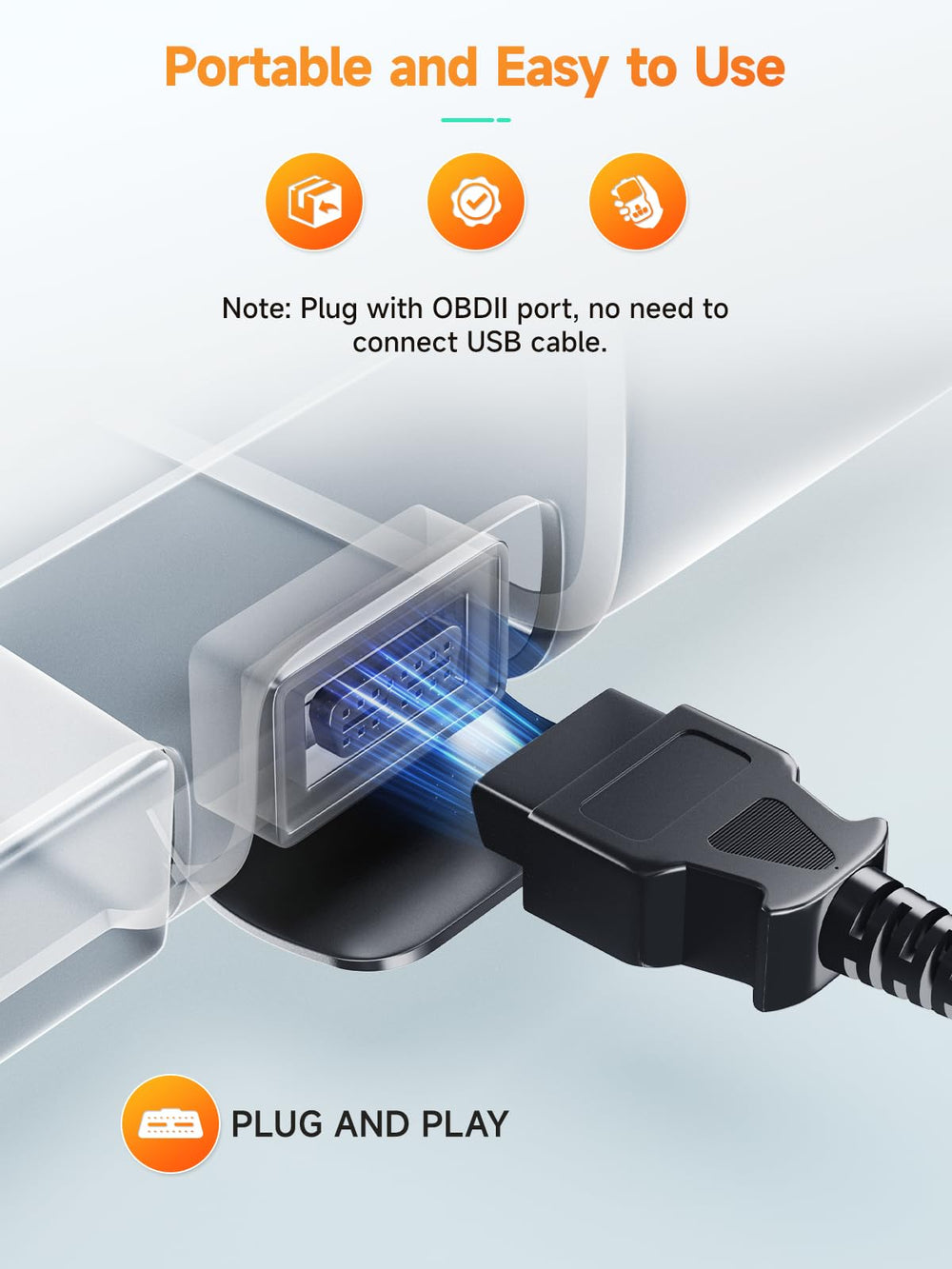ANCEL AD410 plugged into vehicle OBD2 port demonstrating convenient on-car use