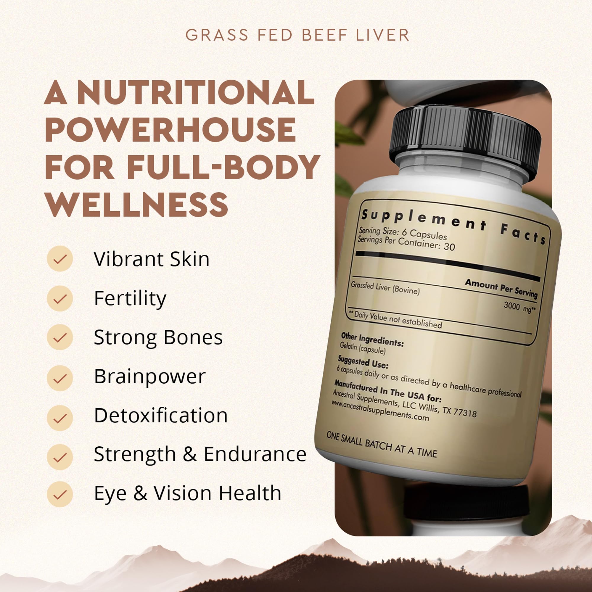 Ancestral Supplements open capsule revealing freeze-dried beef liver for nutrient preservation