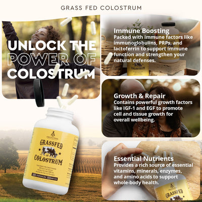 Open bottle of Ancestral Supplements colostrum capsules demonstrating ease of use