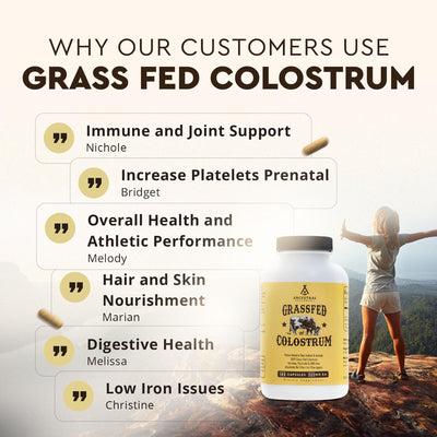Infographic-style breakdown of Ancestral Supplements colostrum nutrients and advantages