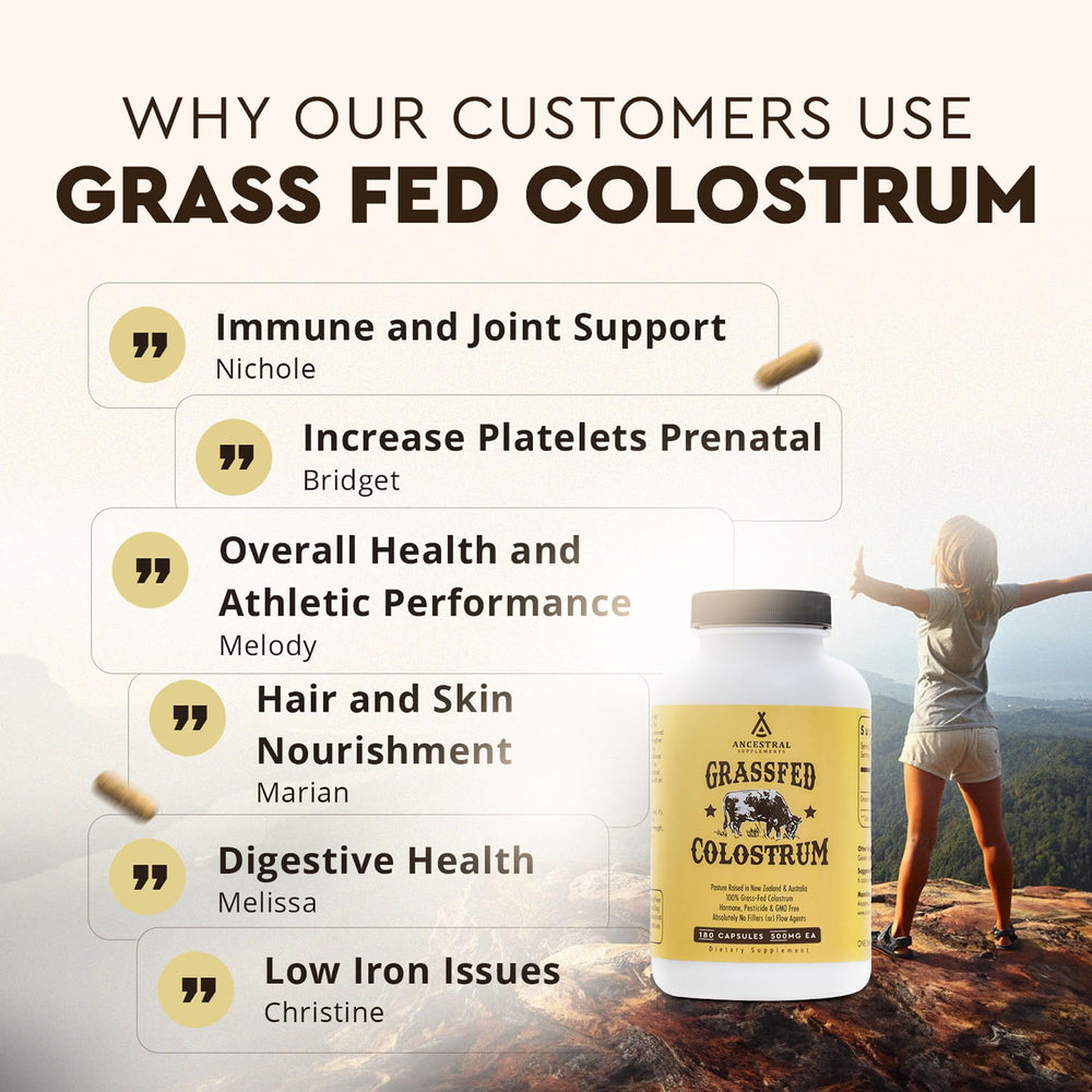 Infographic-style breakdown of Ancestral Supplements colostrum nutrients and advantages