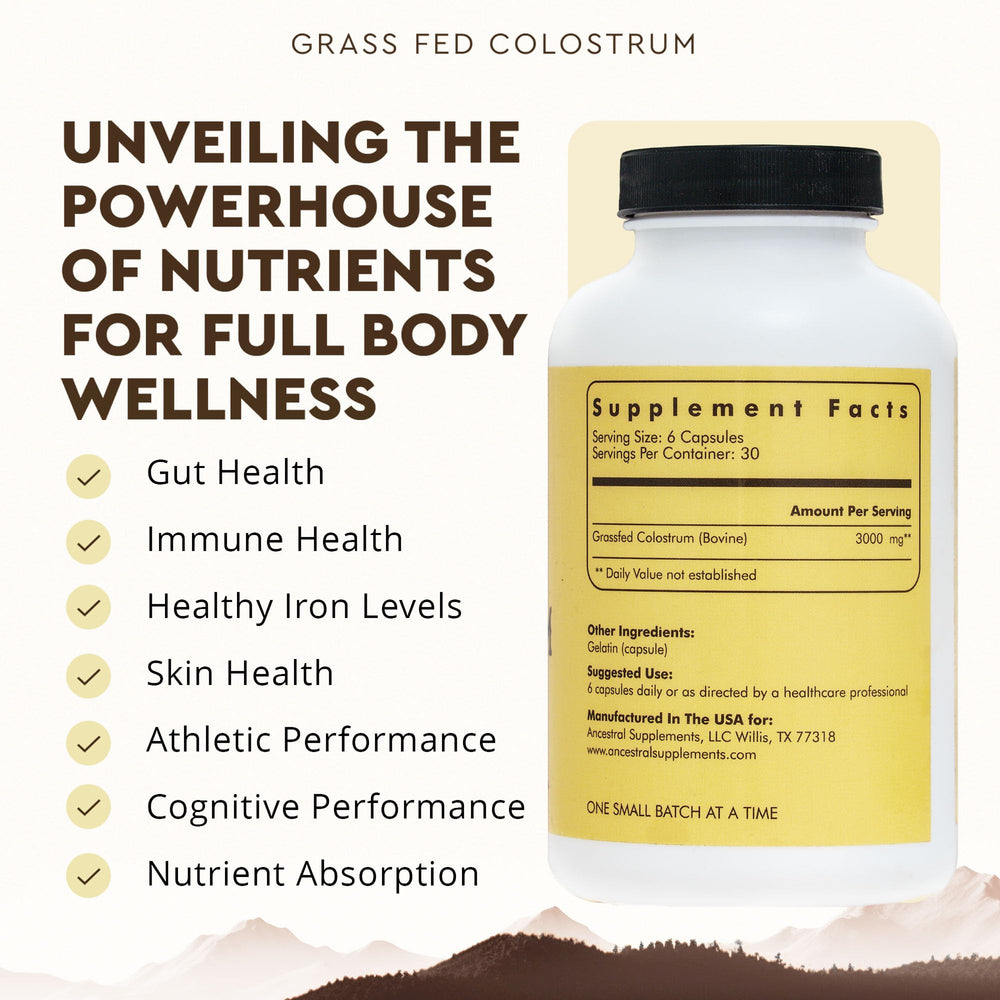 Close-up of Ancestral Supplements colostrum capsules highlighting texture and purity