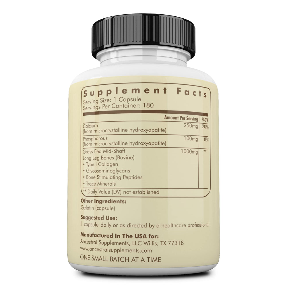 Ancestral Supplements detalle de cápsulas blancas para fácil ingestión y calidad