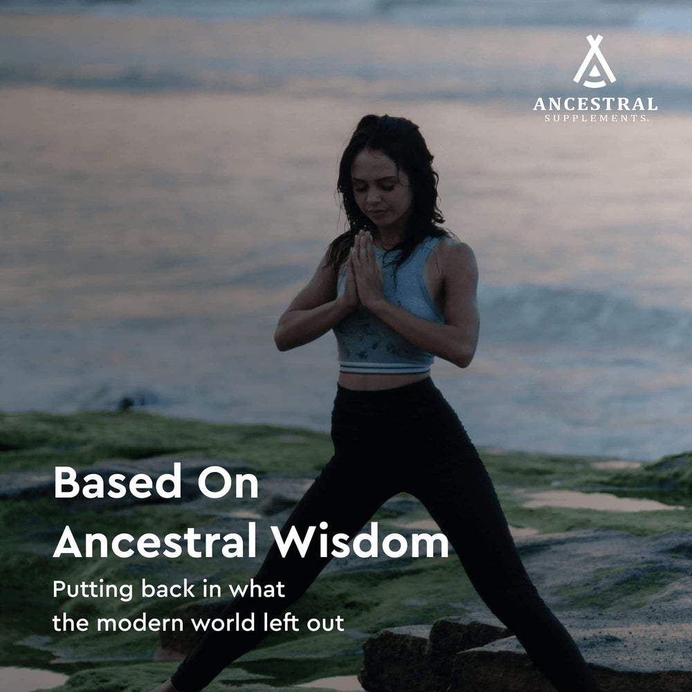 Ancestral Supplements envase sobre mesa de cocina señalando uso diario práctico