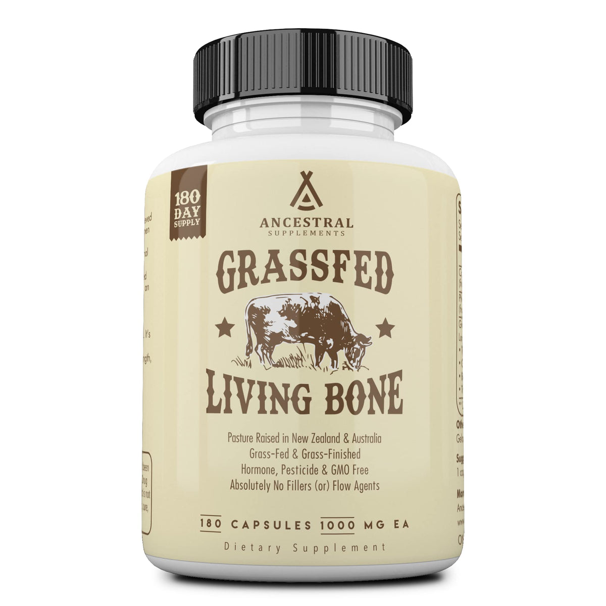 Ancestral Supplements frente del envase mostrando 180 cápsulas y origen grass fed