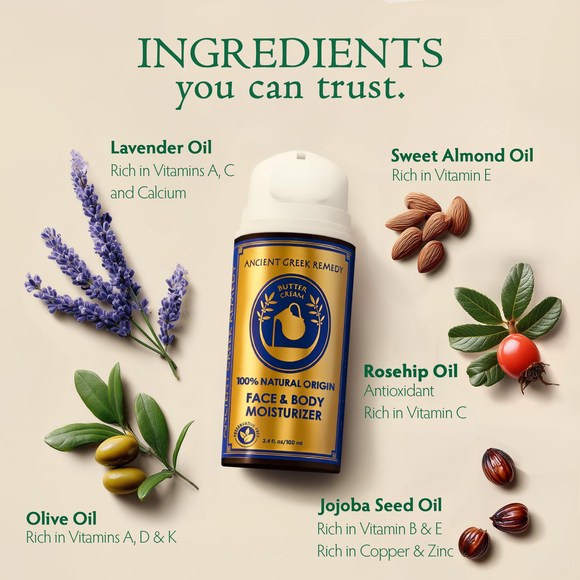 Ancient Greek Remedy etiqueta con lista de ingredientes orgánicos y beneficios
