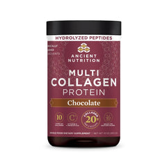 Ancient Nutrition front packaging showing chocolate collagen powder and benefits