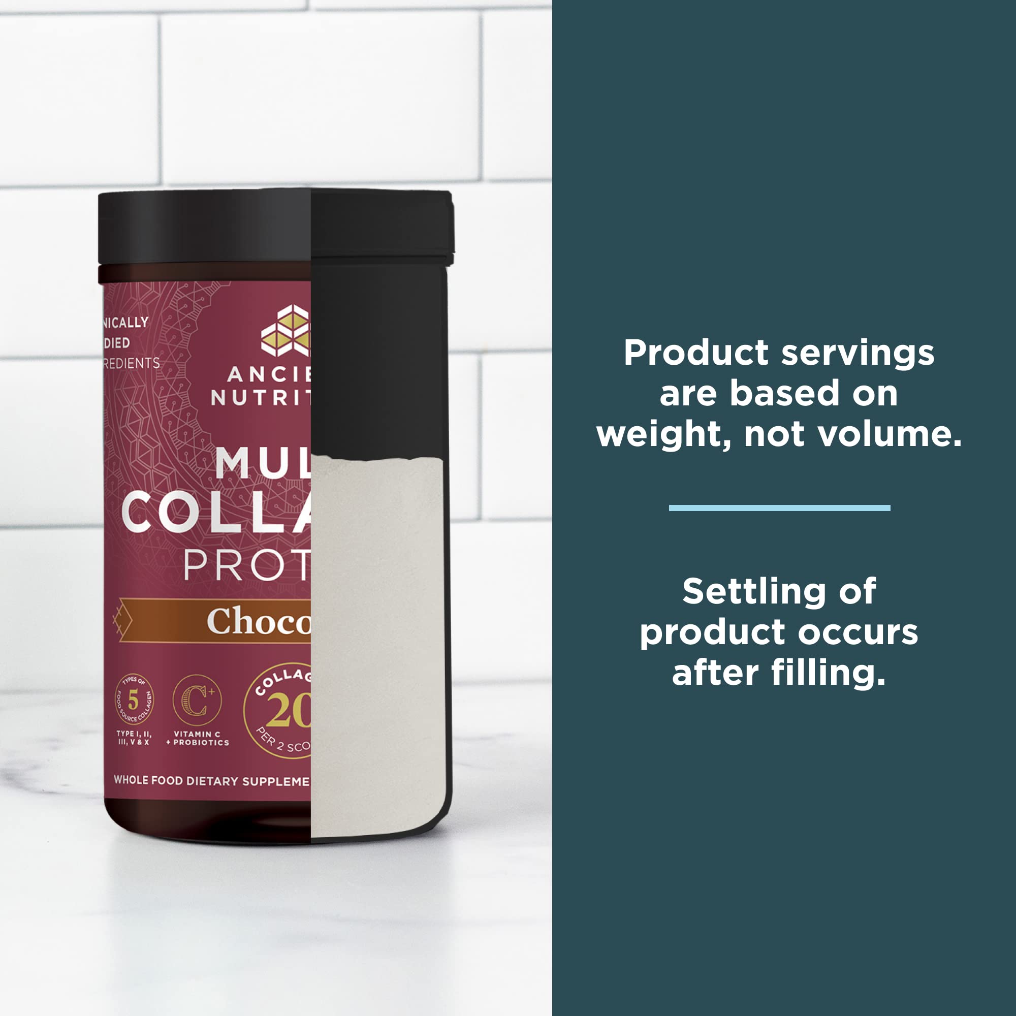 Ancient Nutrition chocolate collagen on a breakfast table showing daily routine use benefit