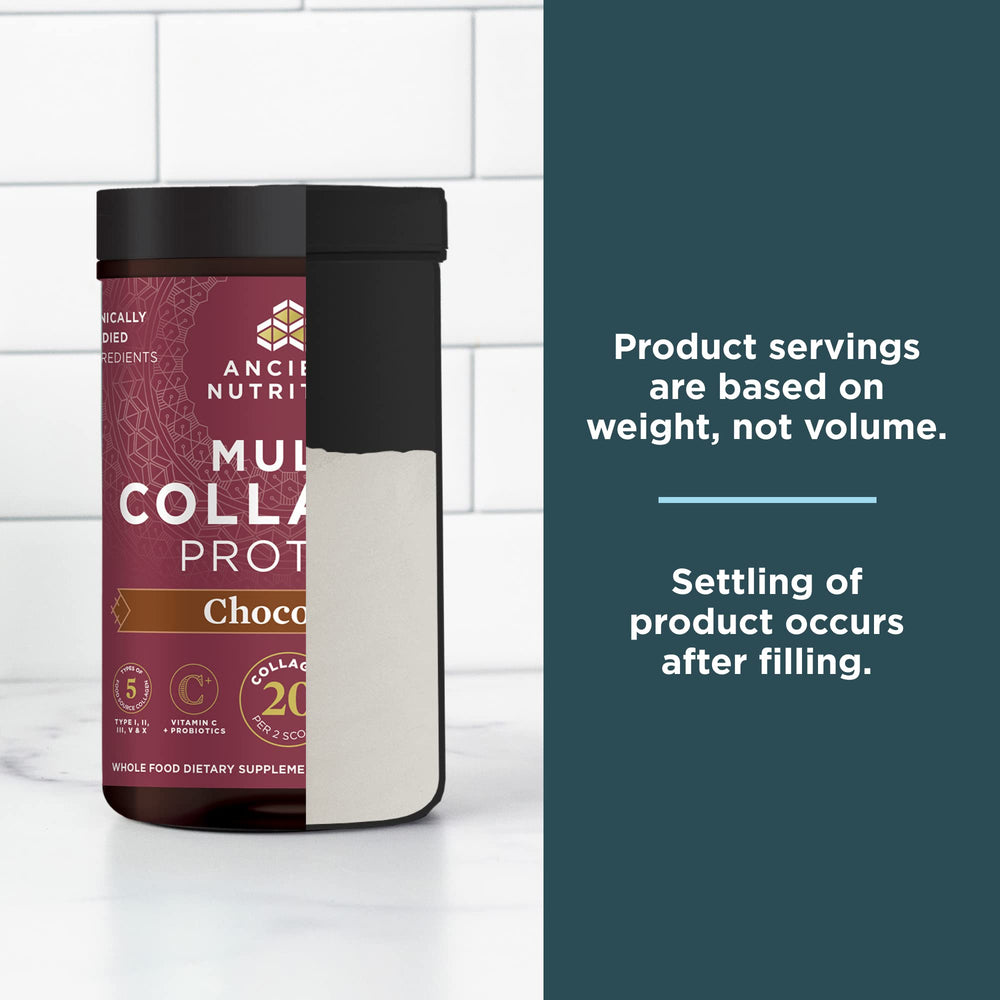 Ancient Nutrition chocolate collagen on a breakfast table showing daily routine use benefit