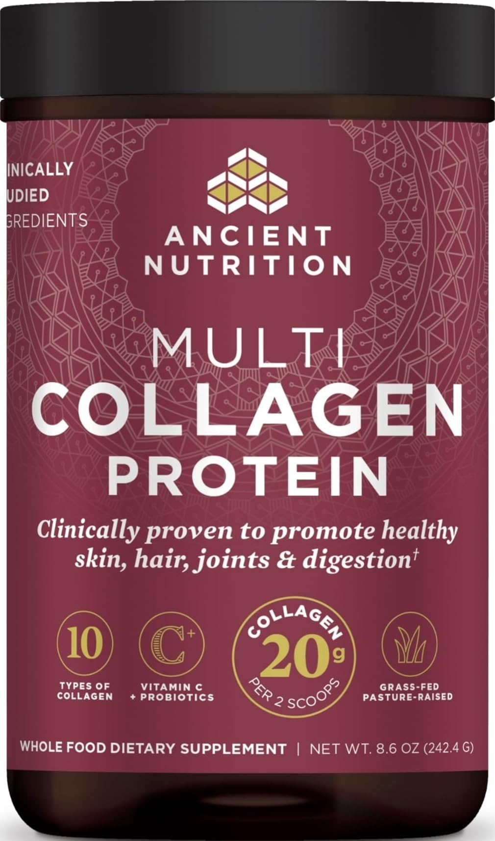 Ancient Nutrition front packaging showing product benefits and unflavored label