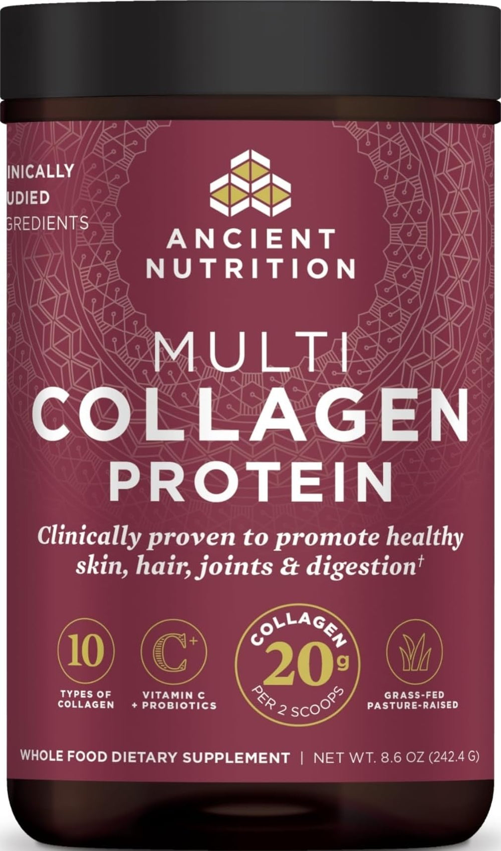 Ancient Nutrition front packaging showing product benefits and unflavored label