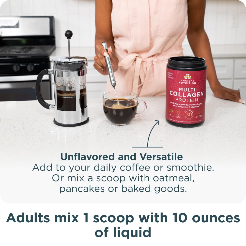 Ancient Nutrition open jar with spoon showing scoopable powder and mixing ease
