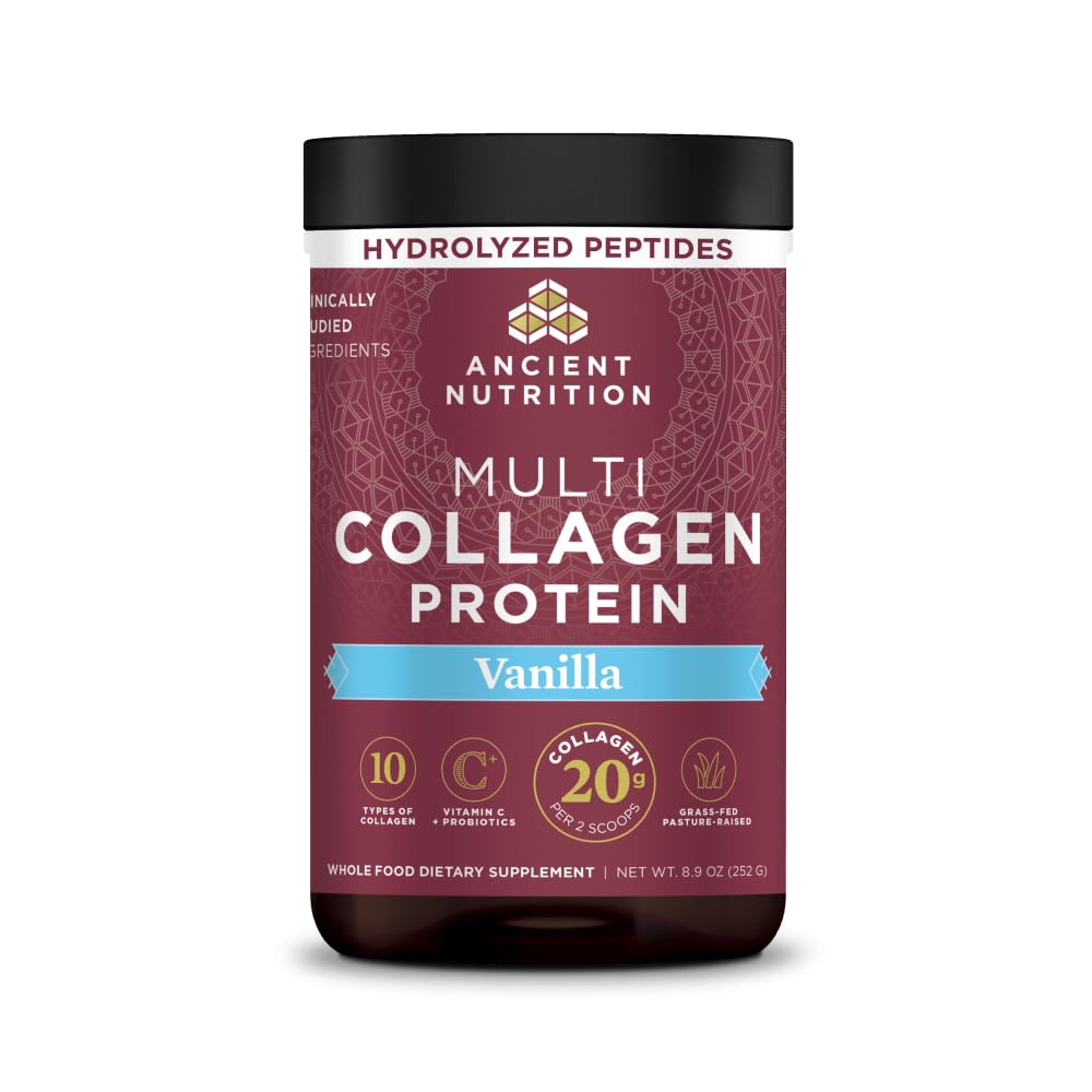 Ancient Nutrition front packaging showing vanilla multi collagen for easy identification and storage