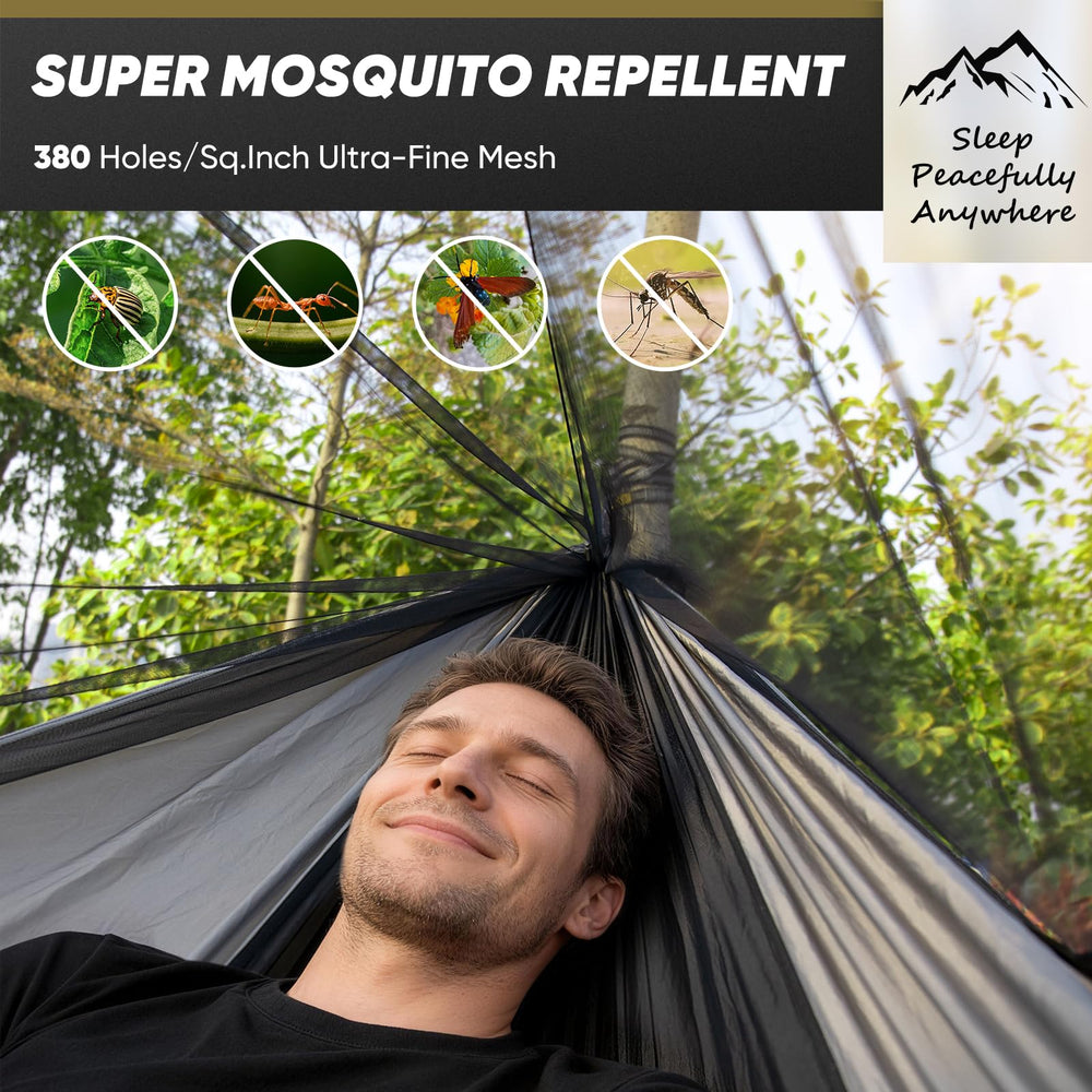 andvana hamaca en uso en camping ofrece comodidad y protección contra mosquitos
