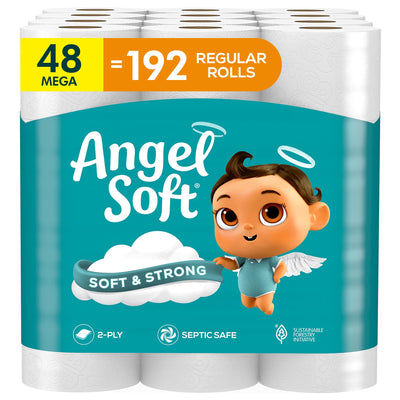 Angel Soft front packaging showing bulk 48-mega-rolls and savings benefit