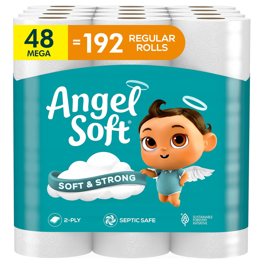 Angel Soft front packaging showing bulk 48-mega-rolls and savings benefit