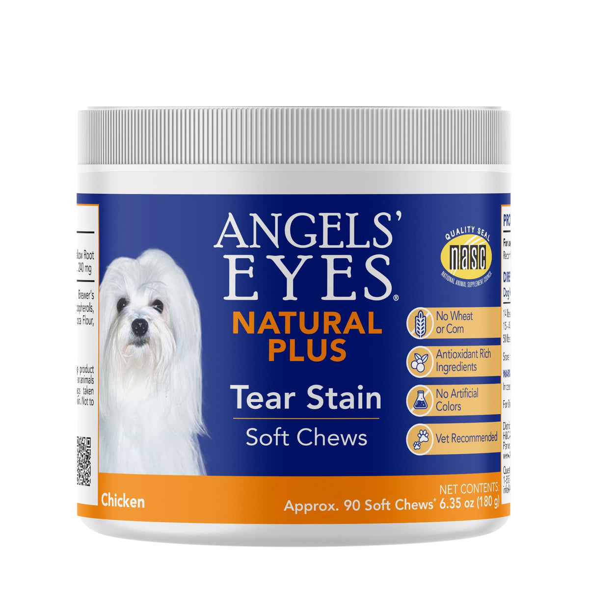 Angels' Eyes empaque frontal mostrando 90 masticables y beneficios