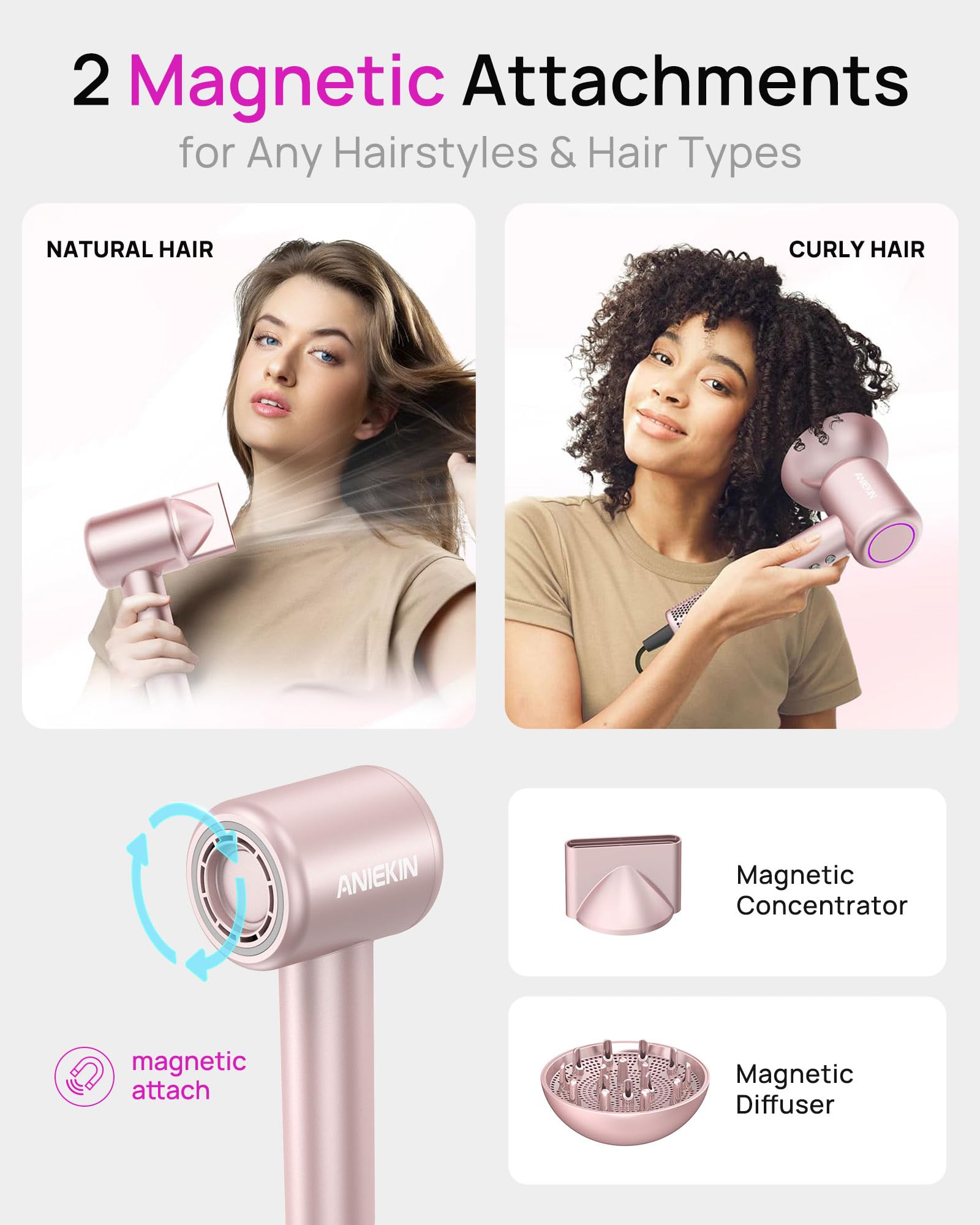 ANIEKIN secador en uso en cabello rizado con menos frizz visible