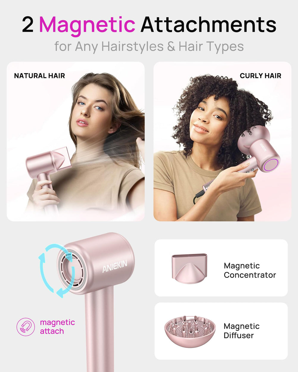 ANIEKIN secador en uso en cabello rizado con menos frizz visible