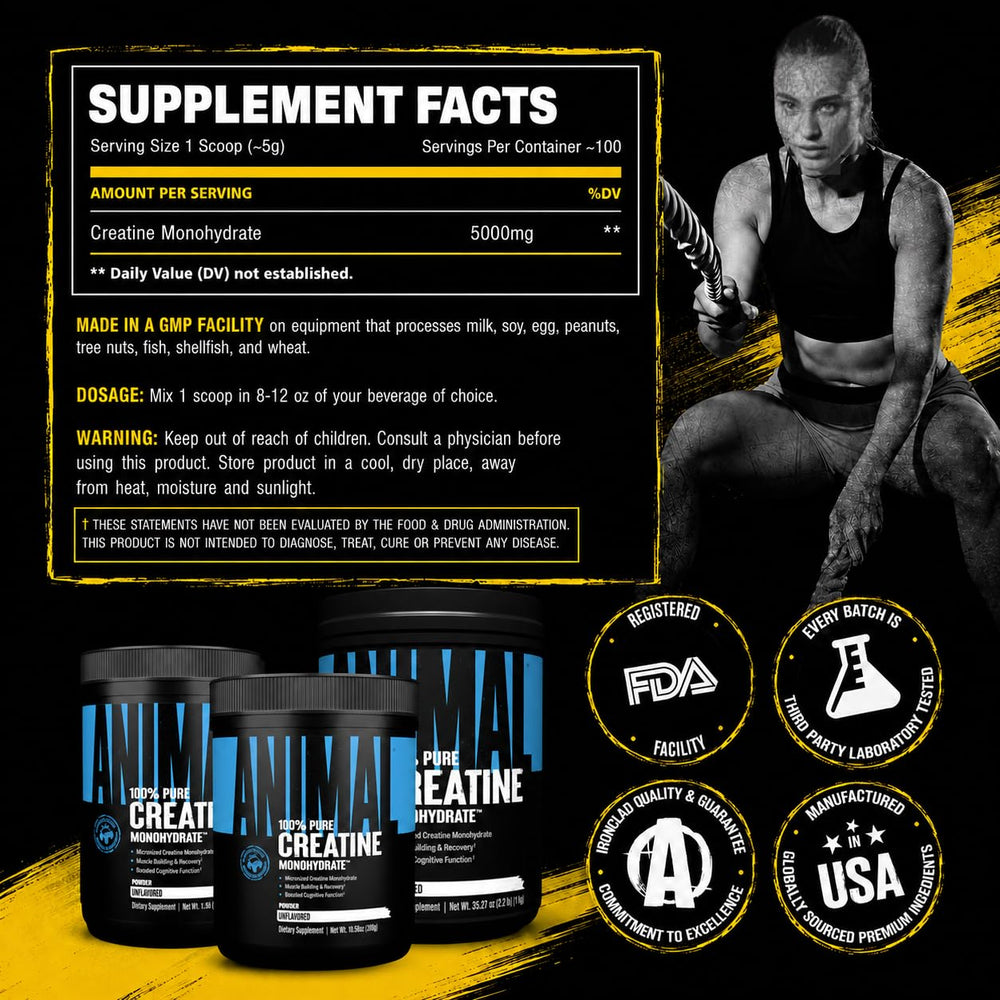 Animal creatine fotografía de ingredientes y cierre que resalta pureza