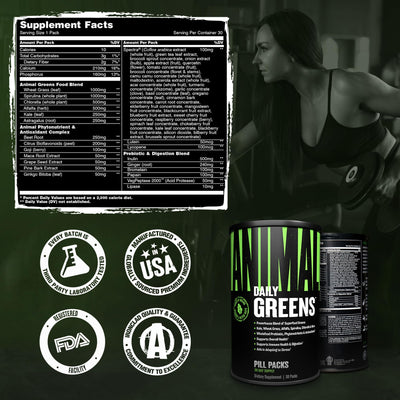Animal Daily Greens label close-up showing Animal branding and quality certifications