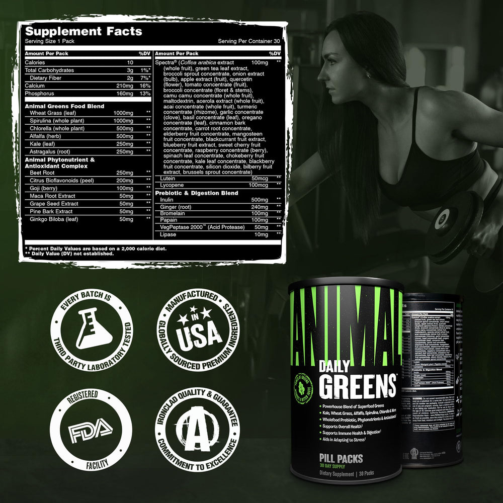 Animal Daily Greens label close-up showing Animal branding and quality certifications