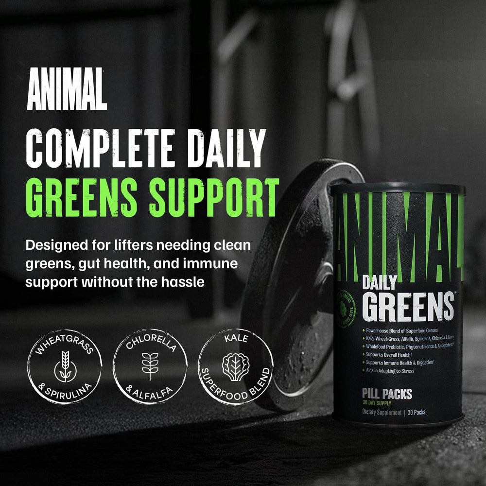 Animal Daily Greens opened single-day pack ready to grab with convenient serving