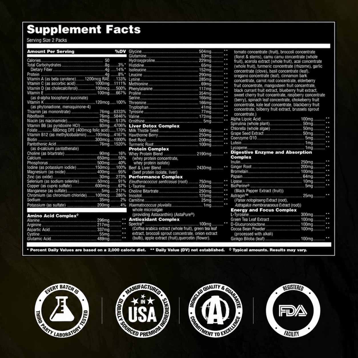 Animal Pak etiqueta con lista de ingredientes y certificaciones de calidad