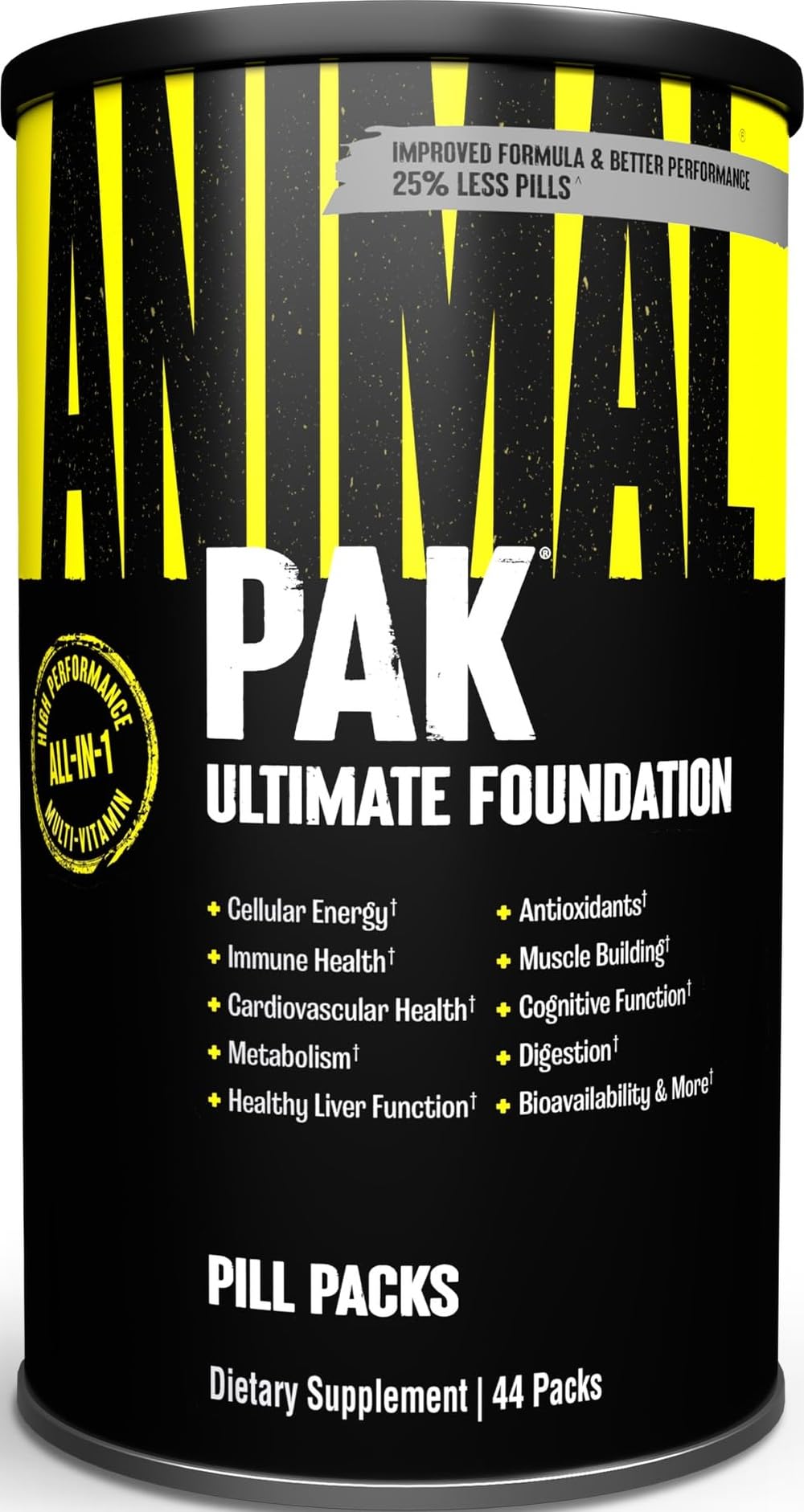 Animal Pak vista frontal del envase mostrando los 44 sobres y conveniencia