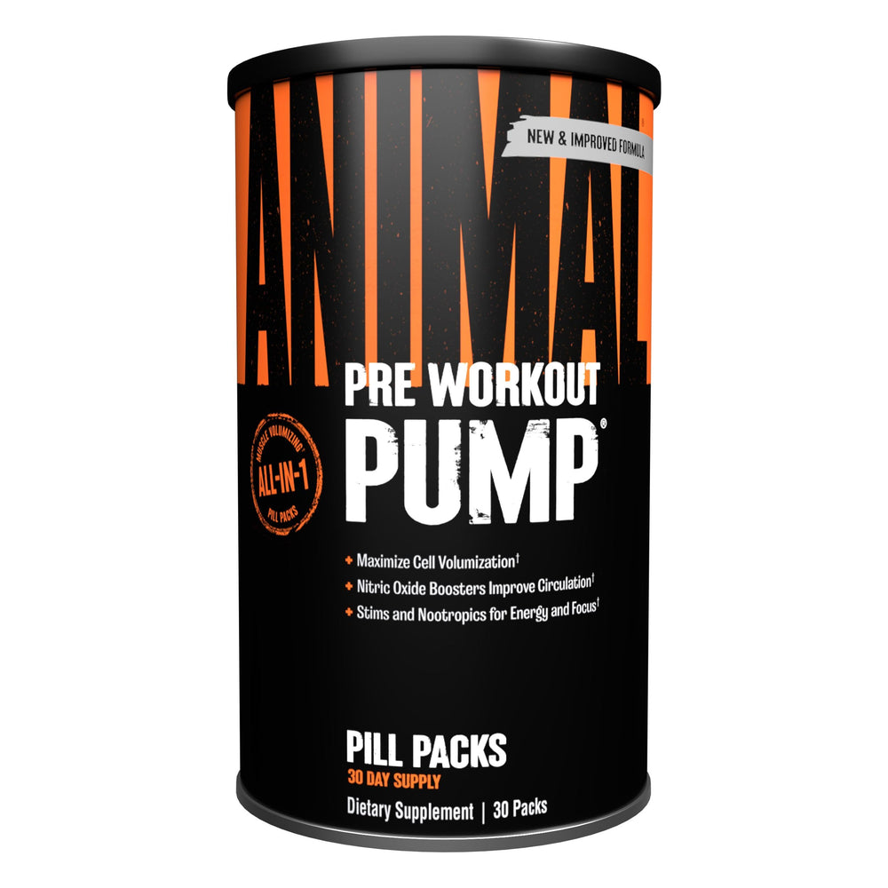 Animal Pump frontal del empaque mostrando packs portátiles y conveniencia