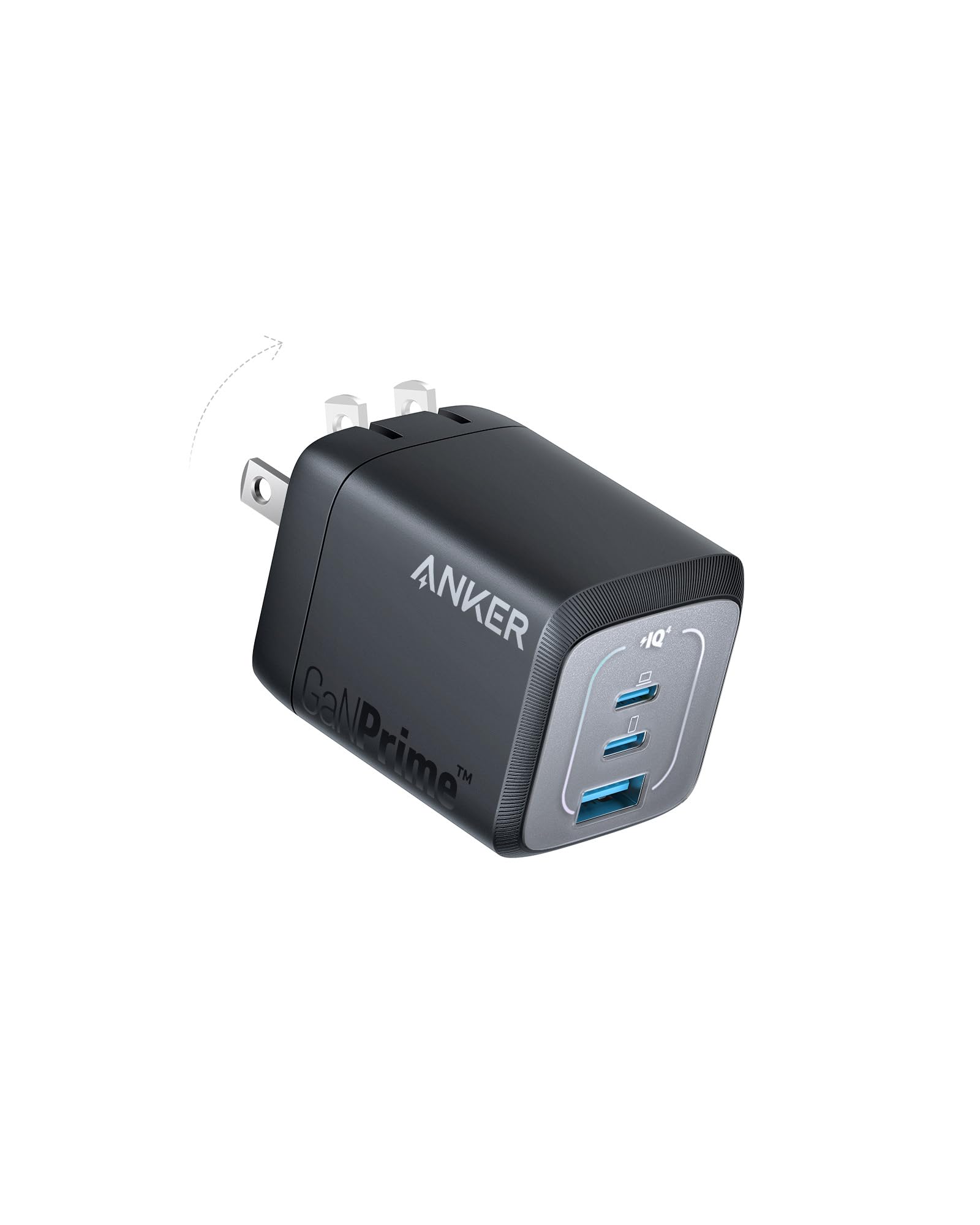 Anker 67W GaN front view showing compact charger for powerful travel charging