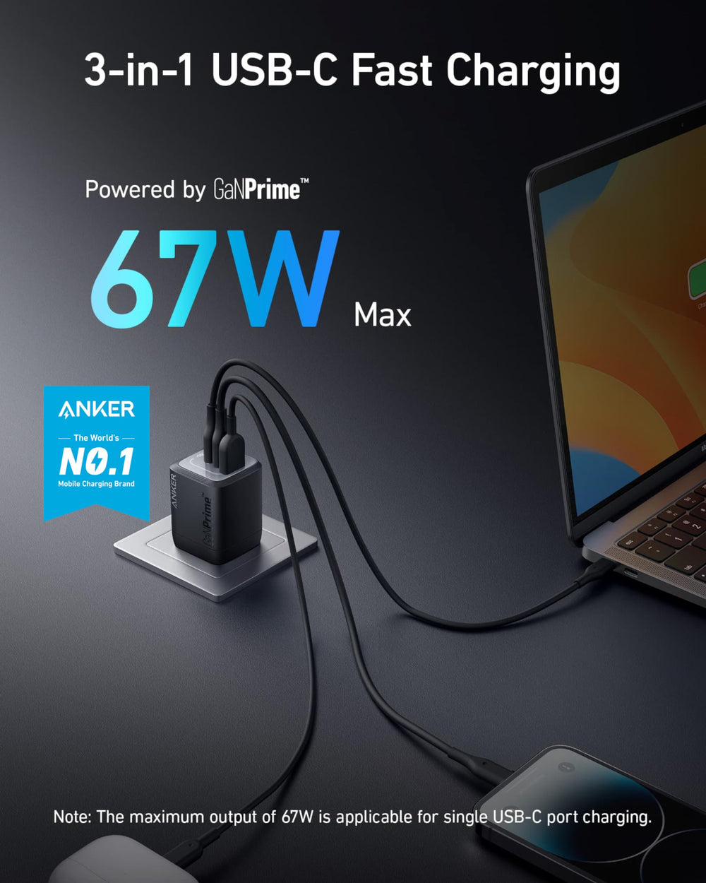 Close-up of Anker 67W GaN ports highlighting two USB-C and one USB-A for flexibility