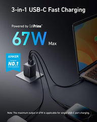 Close-up of Anker 67W GaN ports highlighting two USB-C and one USB-A for flexibility