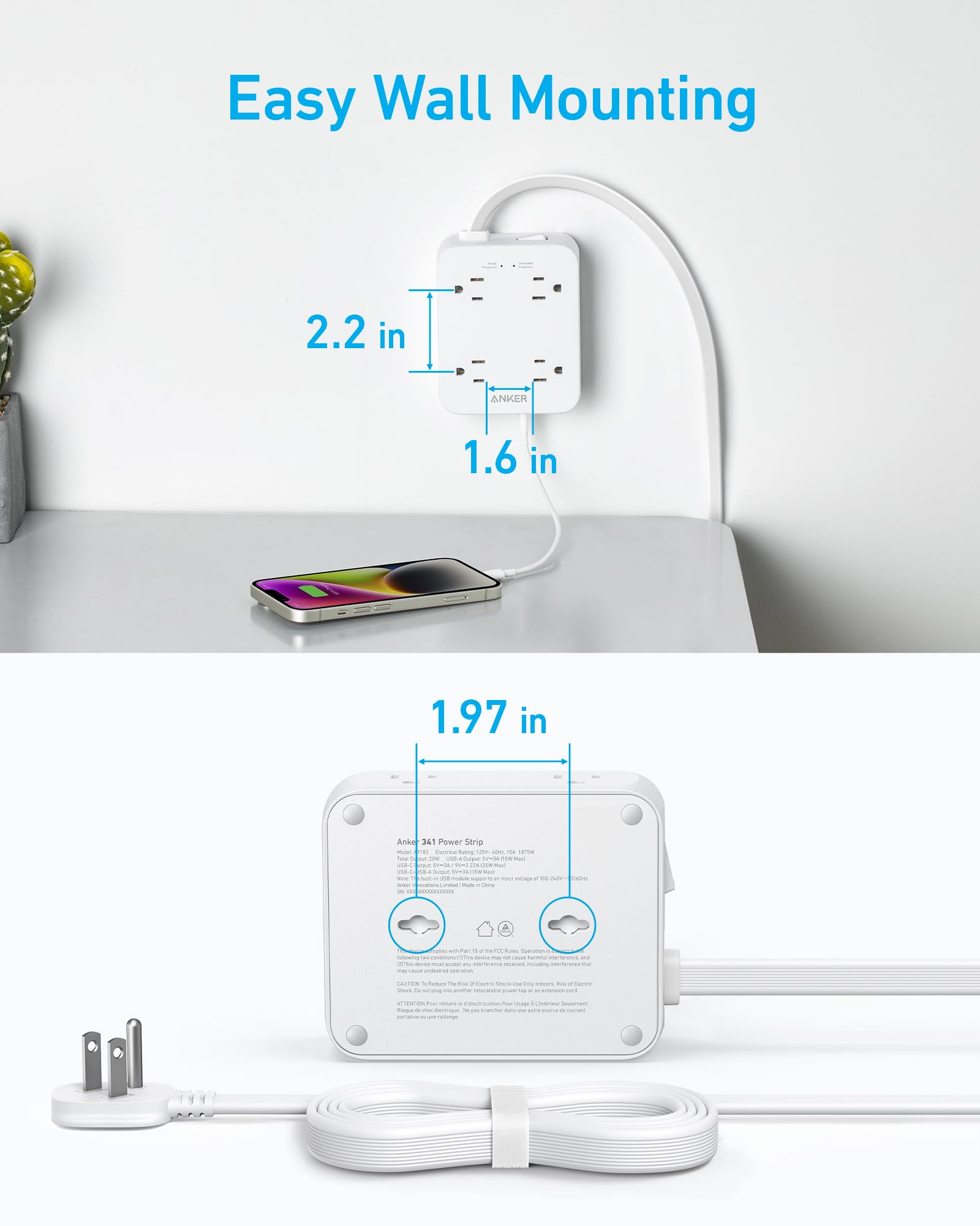 Anker enchufe plano a 45 grados y cable de 5 ft, fácil instalación en paredes