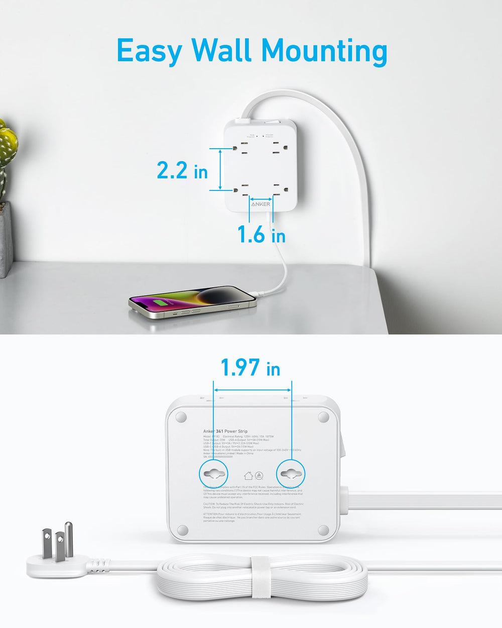 Anker enchufe plano a 45 grados y cable de 5 ft, fácil instalación en paredes