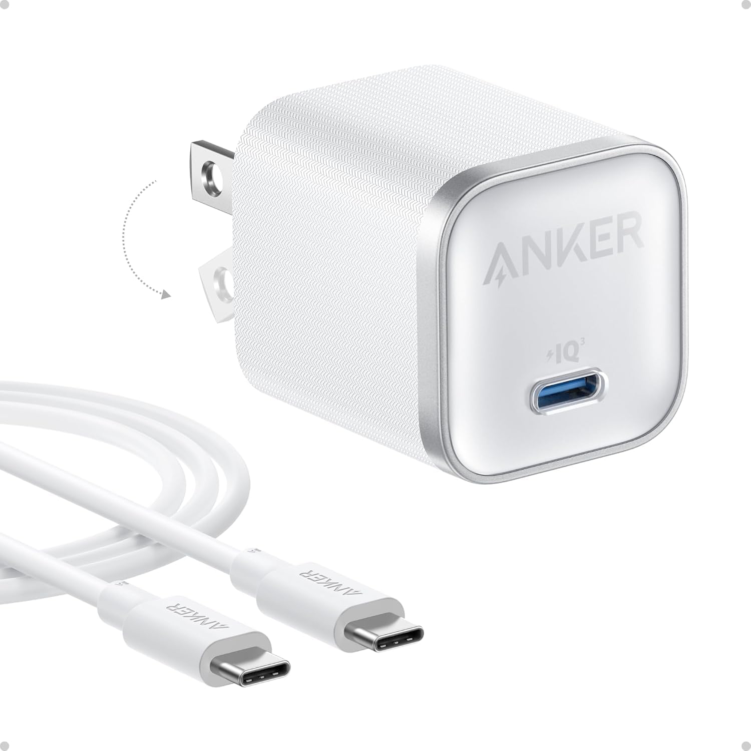 Anker cargador frontal mostrando puerto USB-C y diseño compacto, carga rápida segura