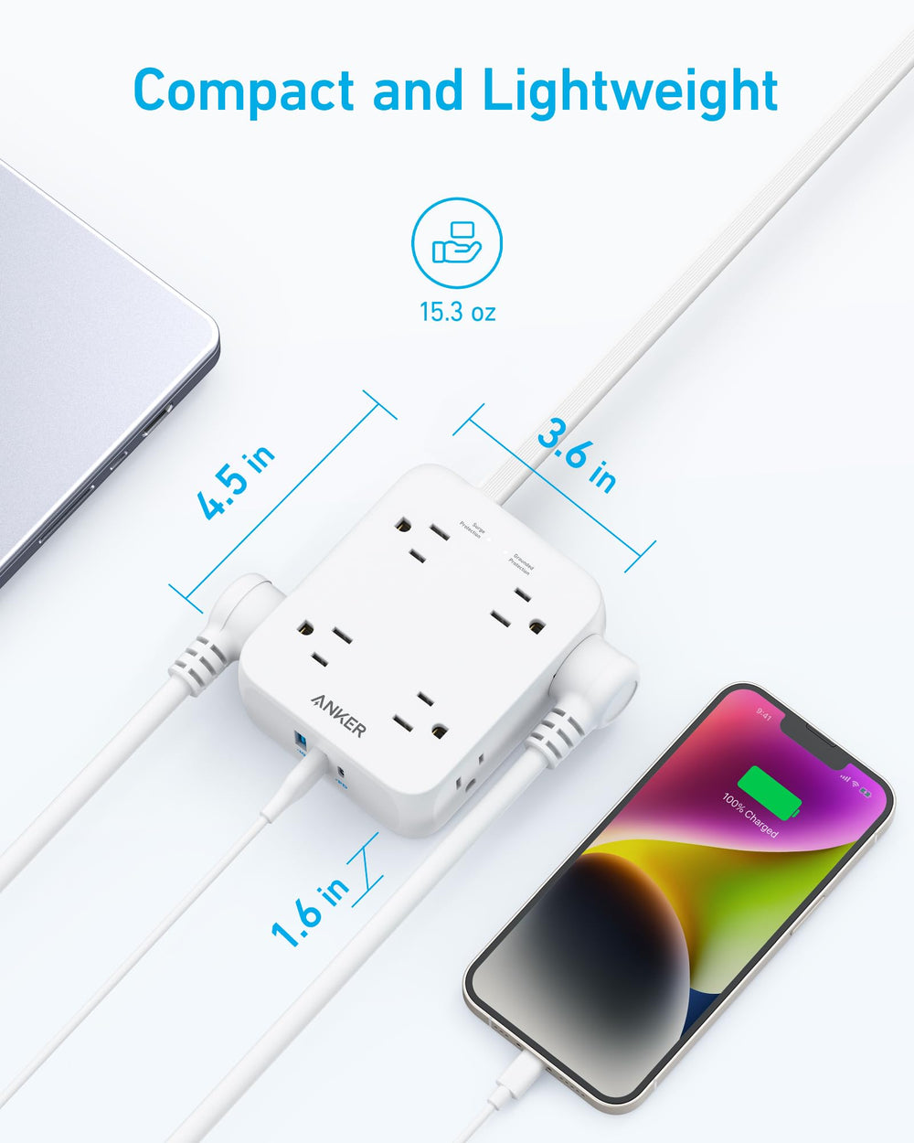 Anker comparativa tamaño junto a taza de café, regleta compacta y ligera