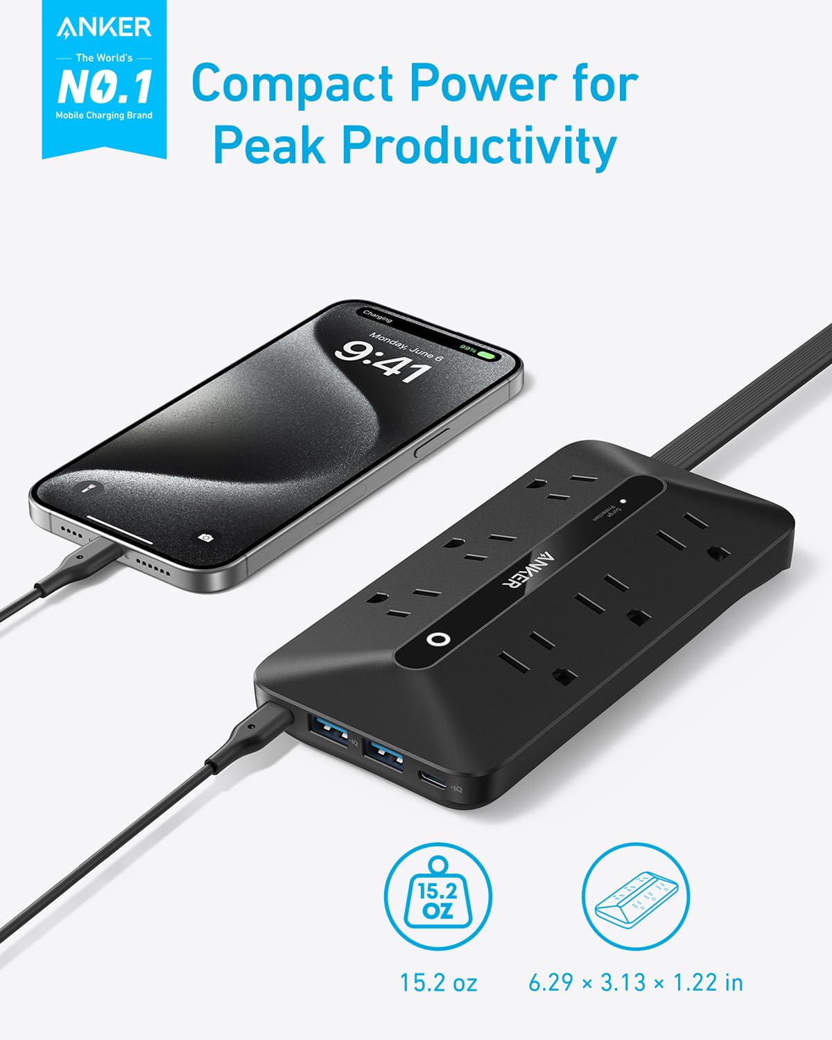 Anker detalle del enchufe plano y cable, facilita instalación detrás de muebles