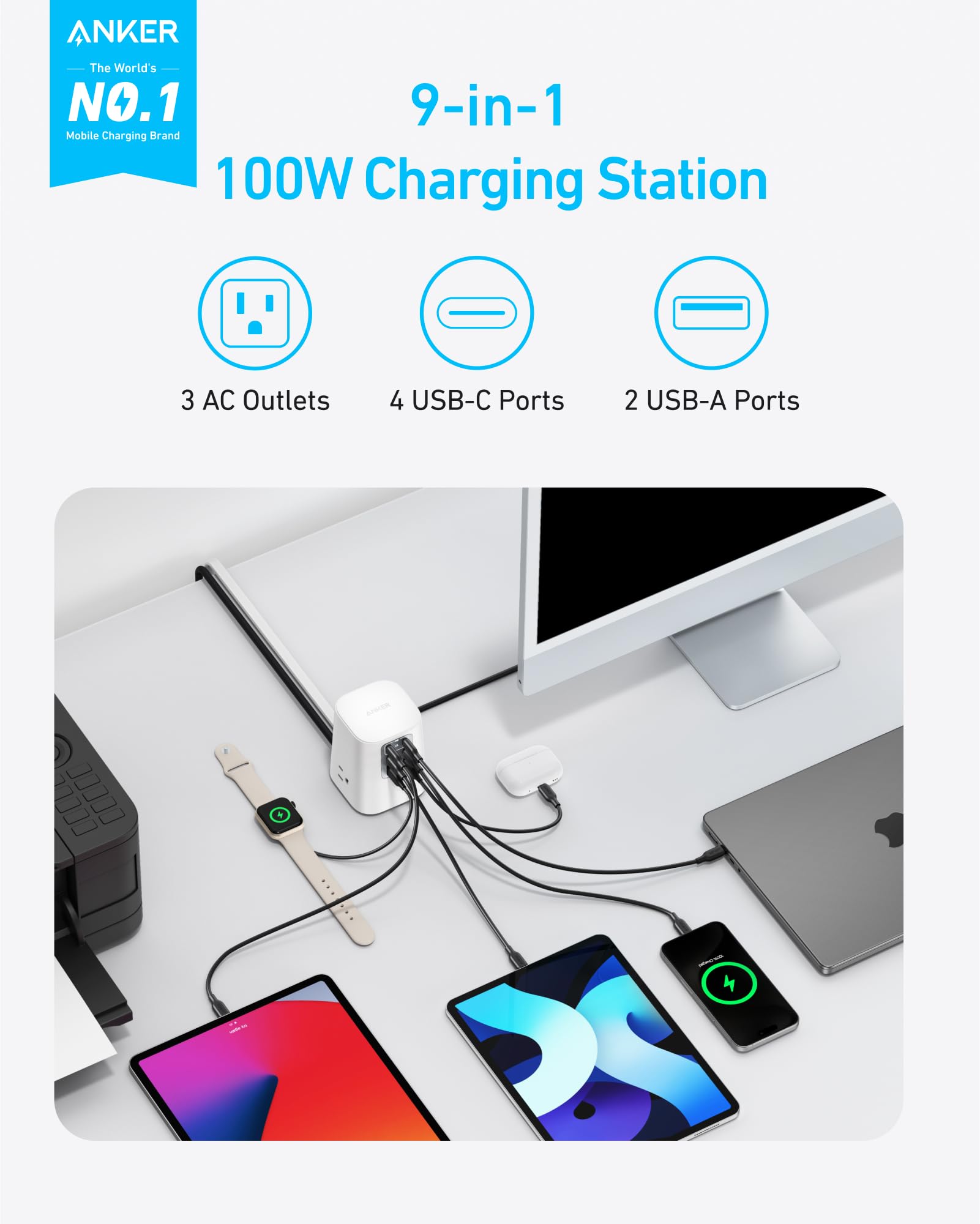 Anker detalle de puertos USB‑C, USB‑A y tomas CA para carga simultánea
