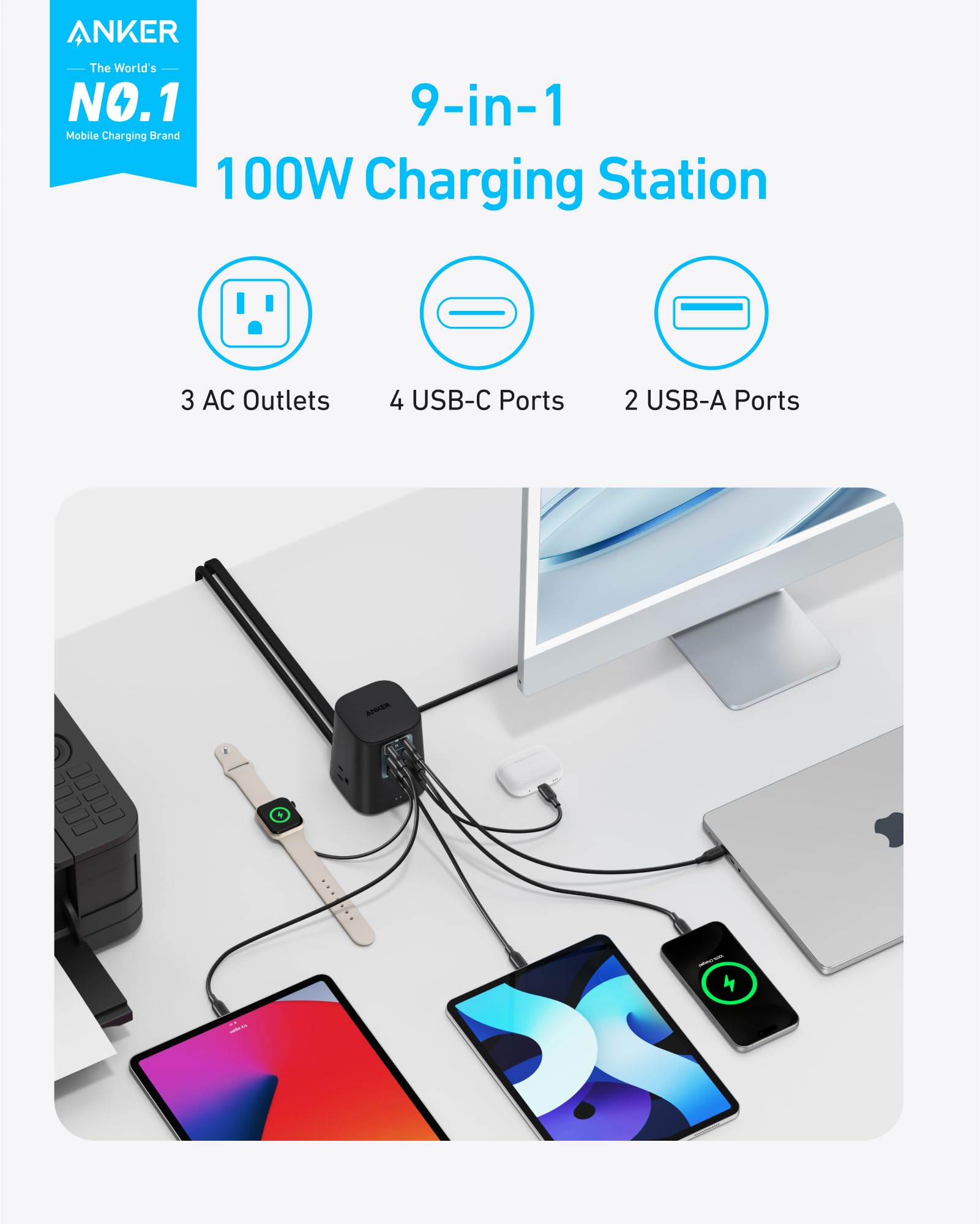 Anker detalle de puertos USB-C y USB-A para carga rápida y versátil