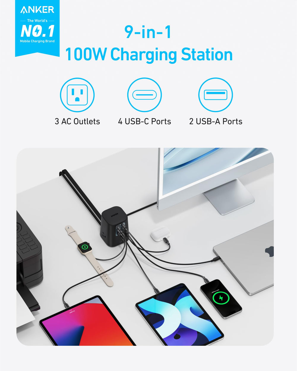 Anker detalle de puertos USB-C y USB-A para carga rápida y versátil