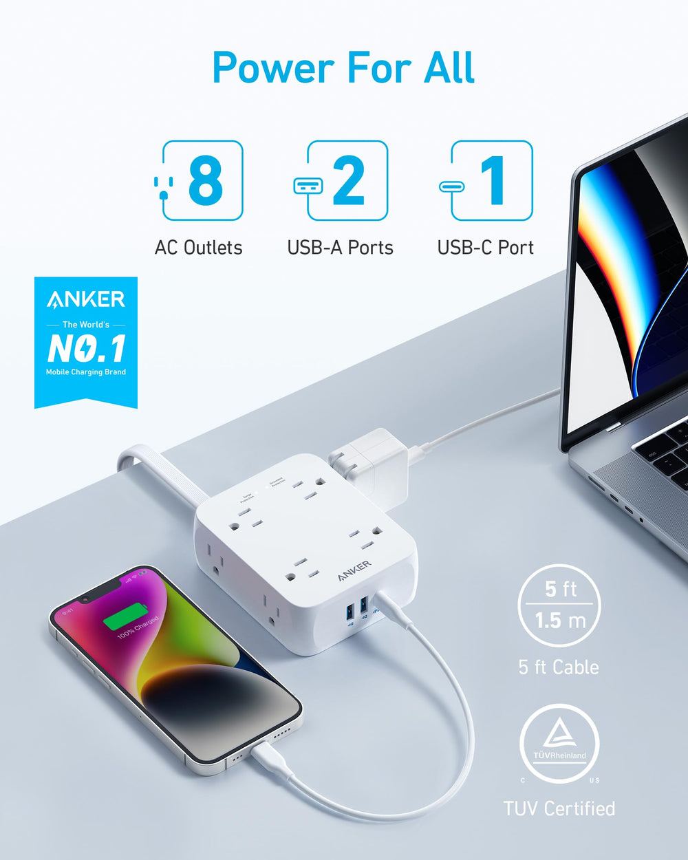 Anker detalle de puertos USB-A y USB-C 20W, carga rápida integrada