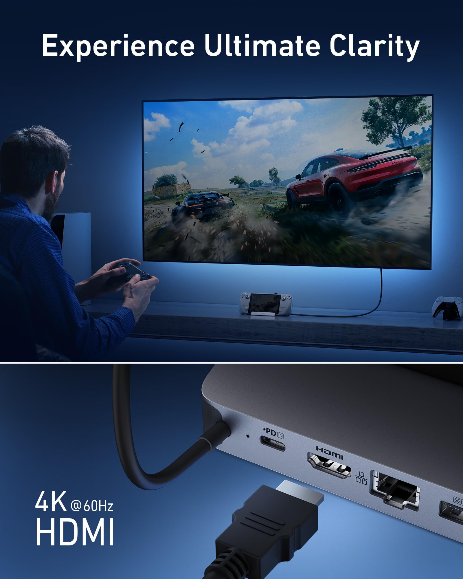 Anker dock con cable integrado a escala para ver tamaño y facilidad de uso