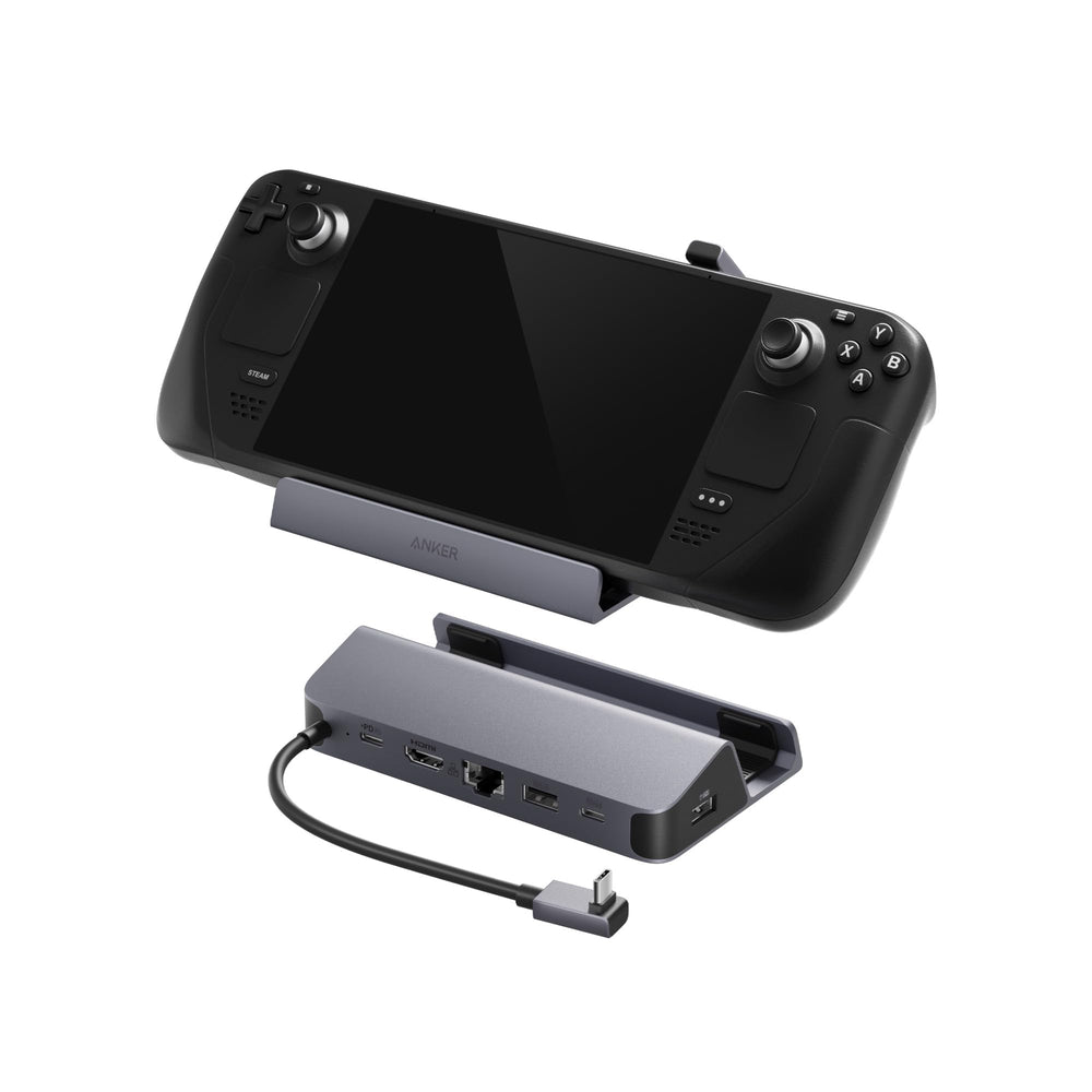 Anker dock frontal conectado a Steam Deck mostrando orden y versatilidad