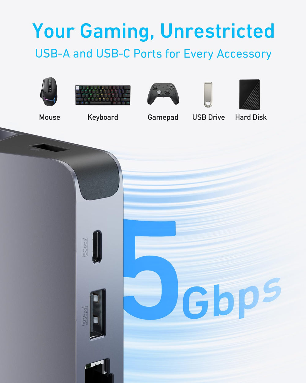 Anker dock con teclado y ratón conectados para control preciso en juegos