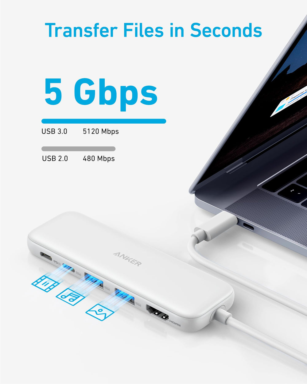Anker en uso conectado a laptop y monitor, permite carga y multitarea simultánea