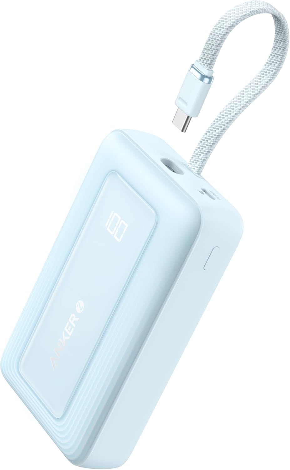 Anker frontal del power bank mostrando diseño y puertos, portátil y fiable
